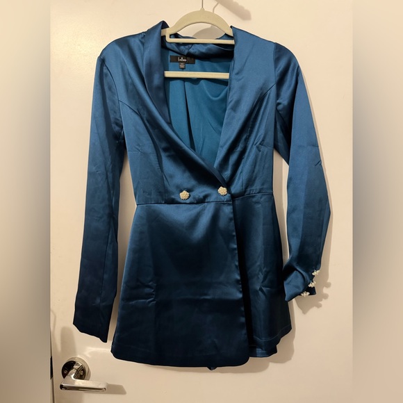 Lulus Regal Aura Teal Blue Satin Long Sleeve Blazer Romper - Size XS - Picture 8 of 9